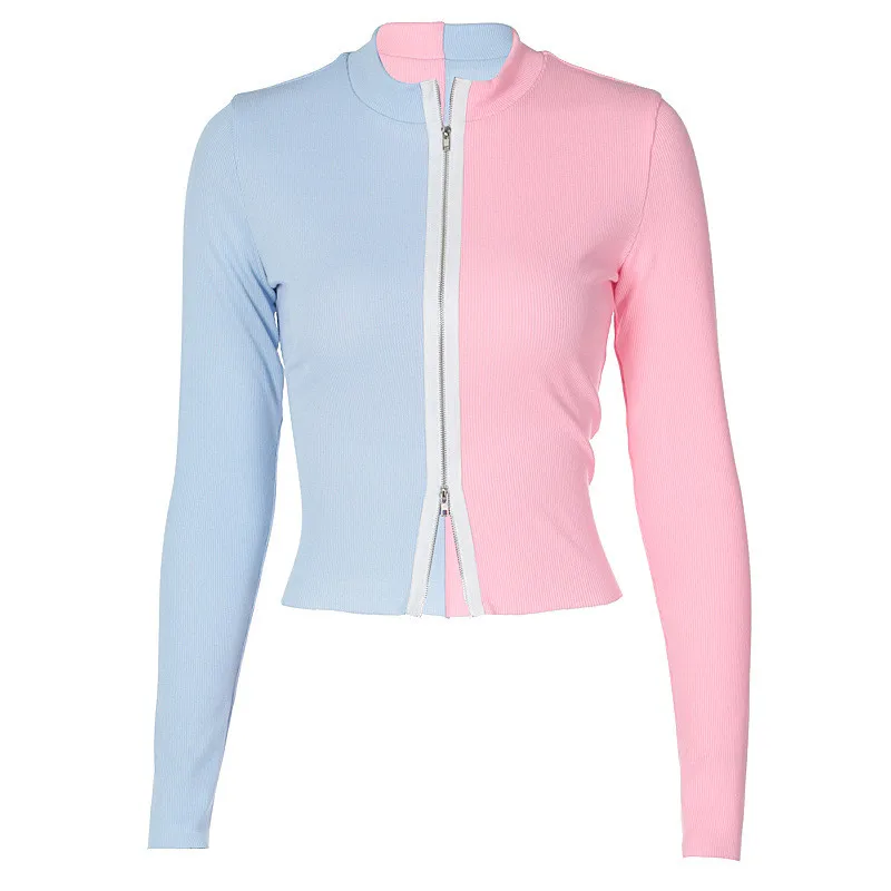 Женская облегающая футболка контрастного цвета с длинным рукавом и двойной