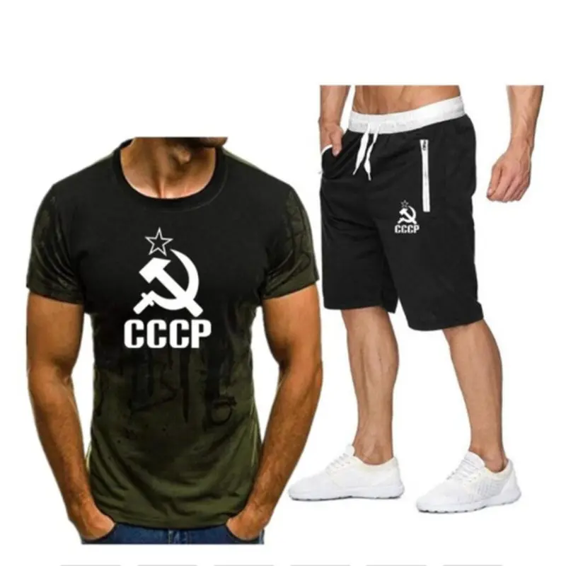 

2021 Summer CCCP Letter Print Tee O-Neck Suit men's T-shirt + Thorts Two-Piece Casual Sportswear Suit Sportswear Brand Clothing