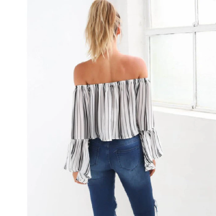 

Top female y2k One word shoulder sexy vertical stripe chiffon shirt casual fashion horn long sleeve top crop top t-shirt female