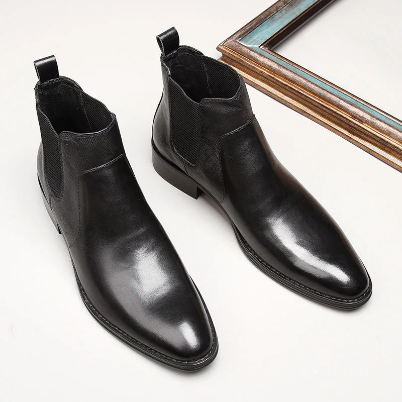 

Italy Design Luxury Genuine Cow Leather Men Ankle Boots High Top Slip on Dress Shoes Waxing Process Man Basic Chelsea Botas H19