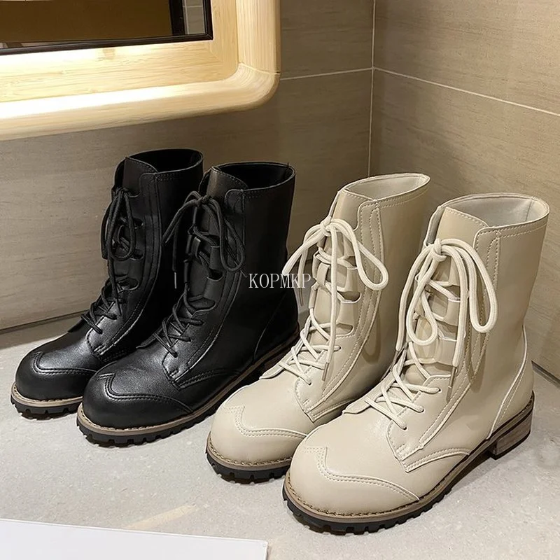 

Ботильоны женские зимние на платформе и толстом каблуке, массивные для осени, кожаные мотоциклетные ботинки Kopmkp со шнуровкой и круглым носк...