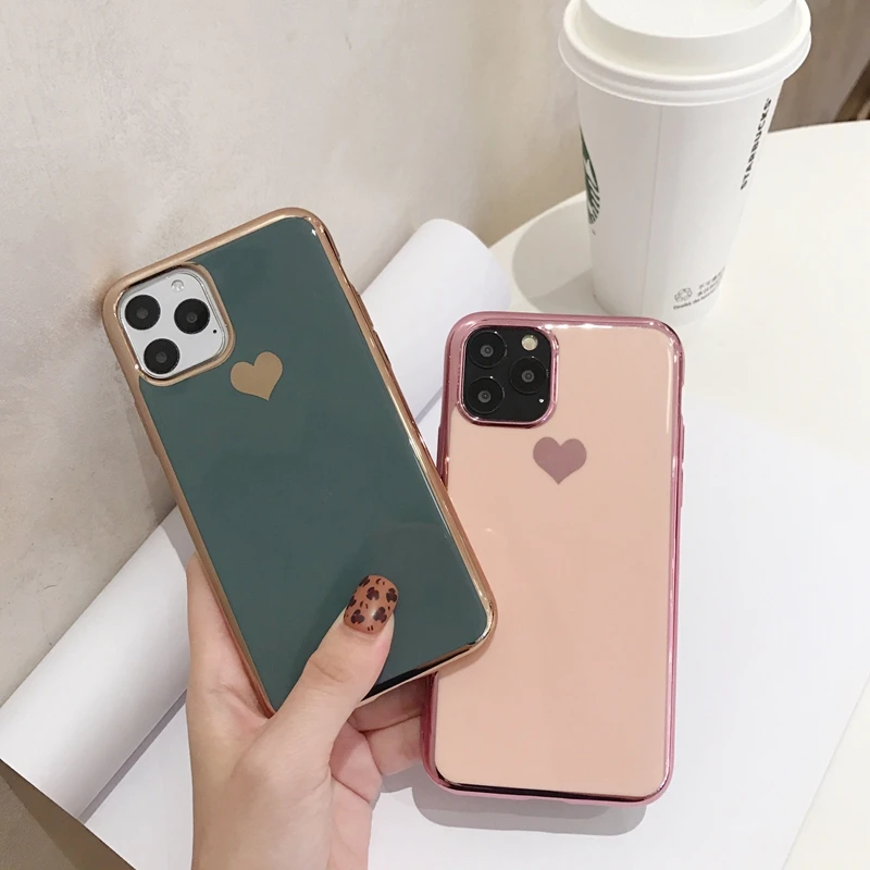 For iPhone 11 Pro XS Max XR 7 8 Plus 6 6s X Midnight Green Plating Love Heart Transparent Soft Silicone TPU Phone Case Cover | Мобильные