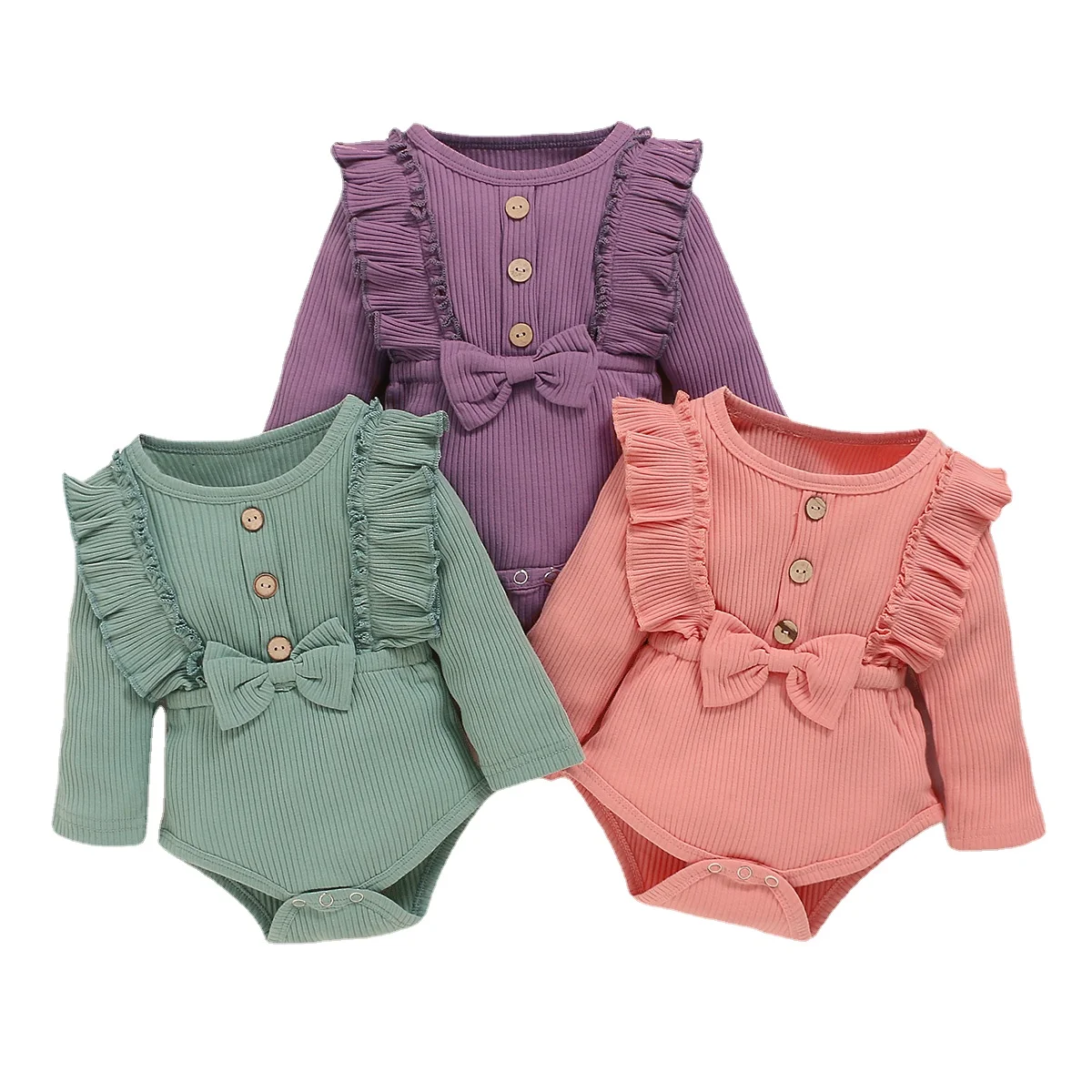 

Toddlers Spring Autumn Clothes Solid Color Ruffle Long Sleeves Ribbed Rompers with Bowknot for Baby Girl Months