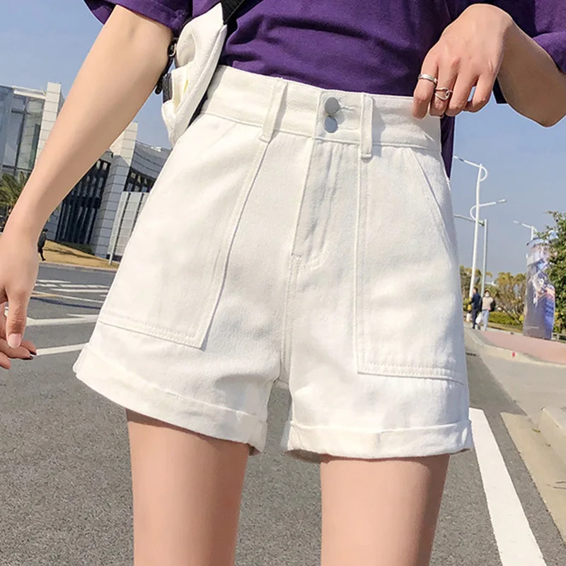 

Women's Denim Shorts Classic Vintage High Waist Ladies Shorts Jeans Solid Big Pockets Button Wide Leg 2021 Casual Loose Summer