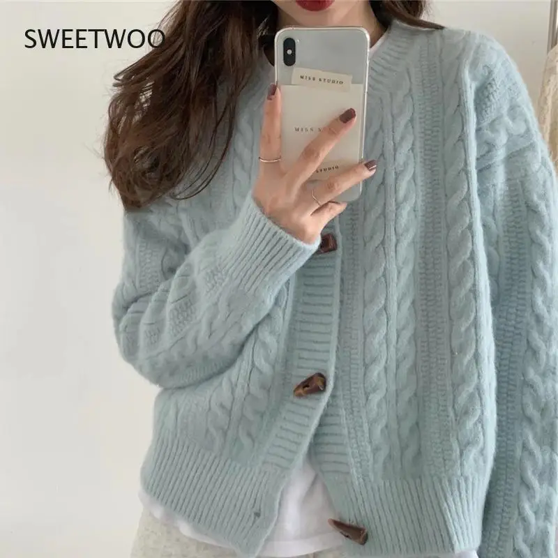 

Spring and Autumn Women's New Korean Version of Loose Twist Knit Cardigan Retro Sweater Coat Long Sleeve Blouse Women