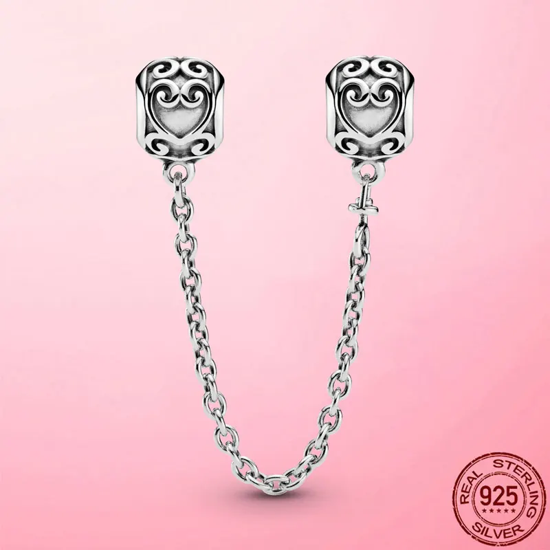 

925 Sterling Silver Beads Ornate Hearts Love Safety Chain Charm Fit Original Bracelet Female Birthday Gift Fashion Fine Jewelry