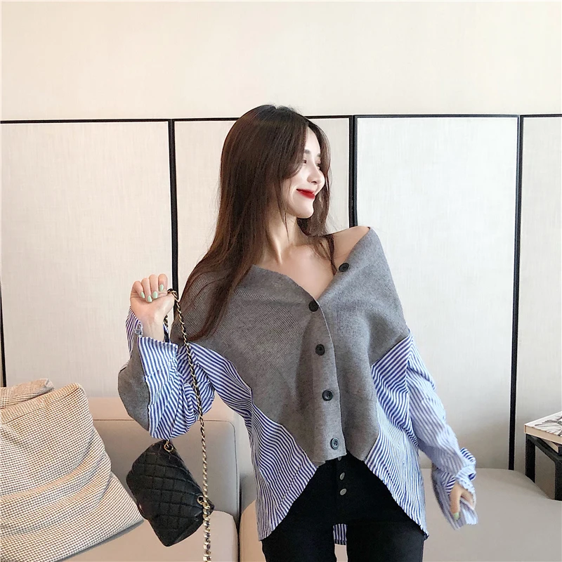 

casual v-neck patchwork knitted Spring and autumn full Harajuku style tops Women's Clothing high quality Shirts camisa feminina