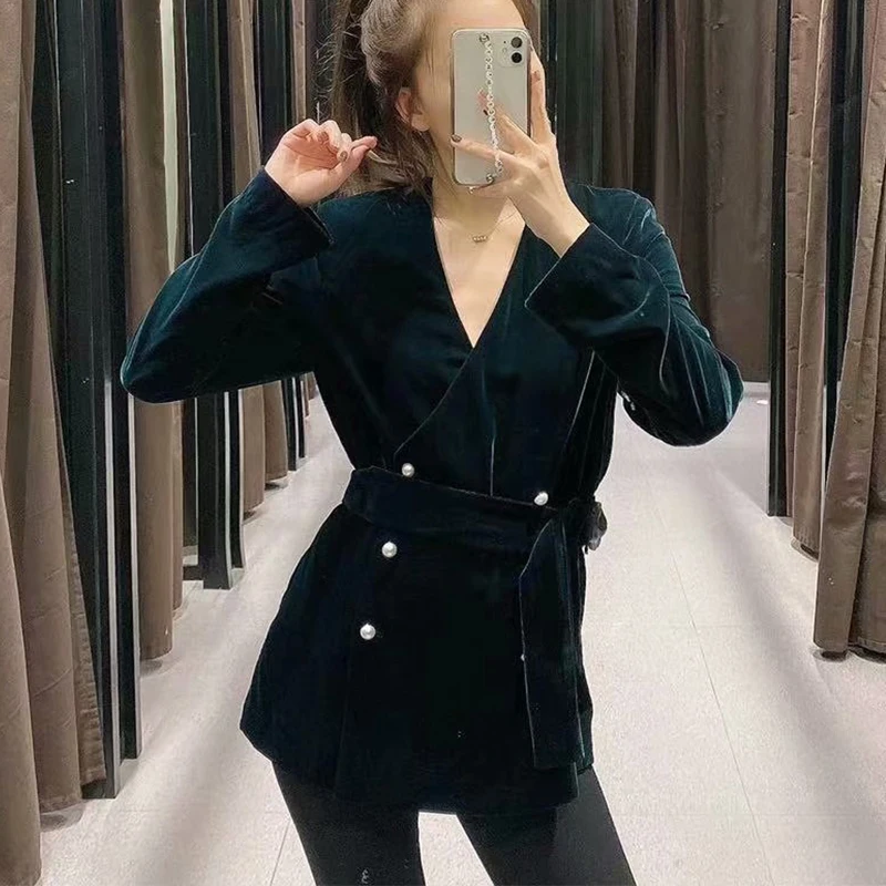 

Autumn Winter Women Blet With Velvet Blazers Solid Long Sleeve Causal Suit Lady Loose Jackets Elegant Girls Suit Office Outfits