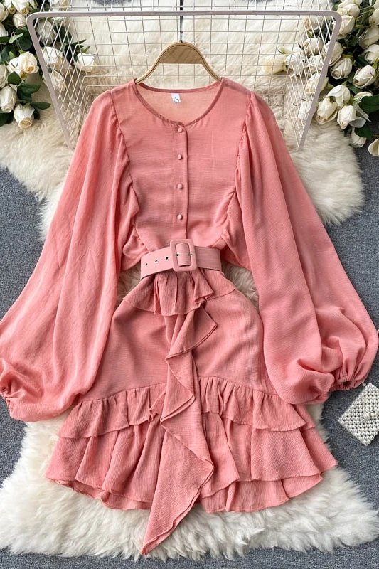 

Vintage elegant Lantern Sleeve short dress fashion women's o-neck solid color Ruffle party dress slim fitting sashes solid color