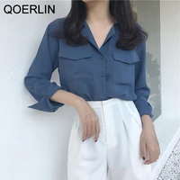 qoerlin double pockets chiffon shirts women turn down collar v neck long sleeve loose casual streetwear basic tops girly blouse