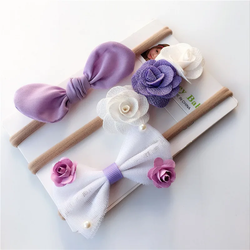 

3pcs Baby Girl Hairbands Children Skinny Stretchy Flower Hairband Spandex Nylon Rabbit Ear Girls Bowknot Baby Girl Headbands