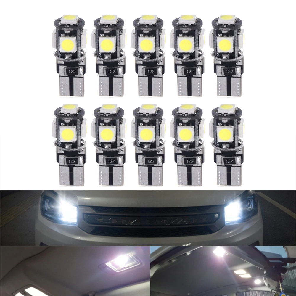 

10 шт., Автомобильные светодиодные лампы T10 5050 5smd для номерного знака, Canbus W5W 194 168 2825 158 192 12 В