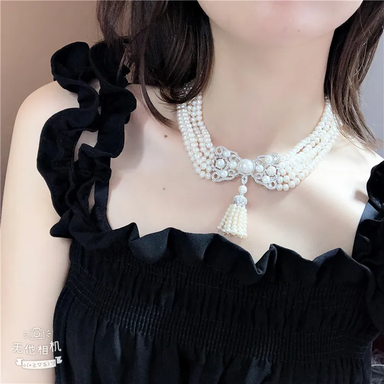 

Ручной работы 5 нитей 7-8 мм белый пресноводный жемчуг культивированный жемчуг микровставки из циркона аксессуары-кисточки подвеска свитер ...