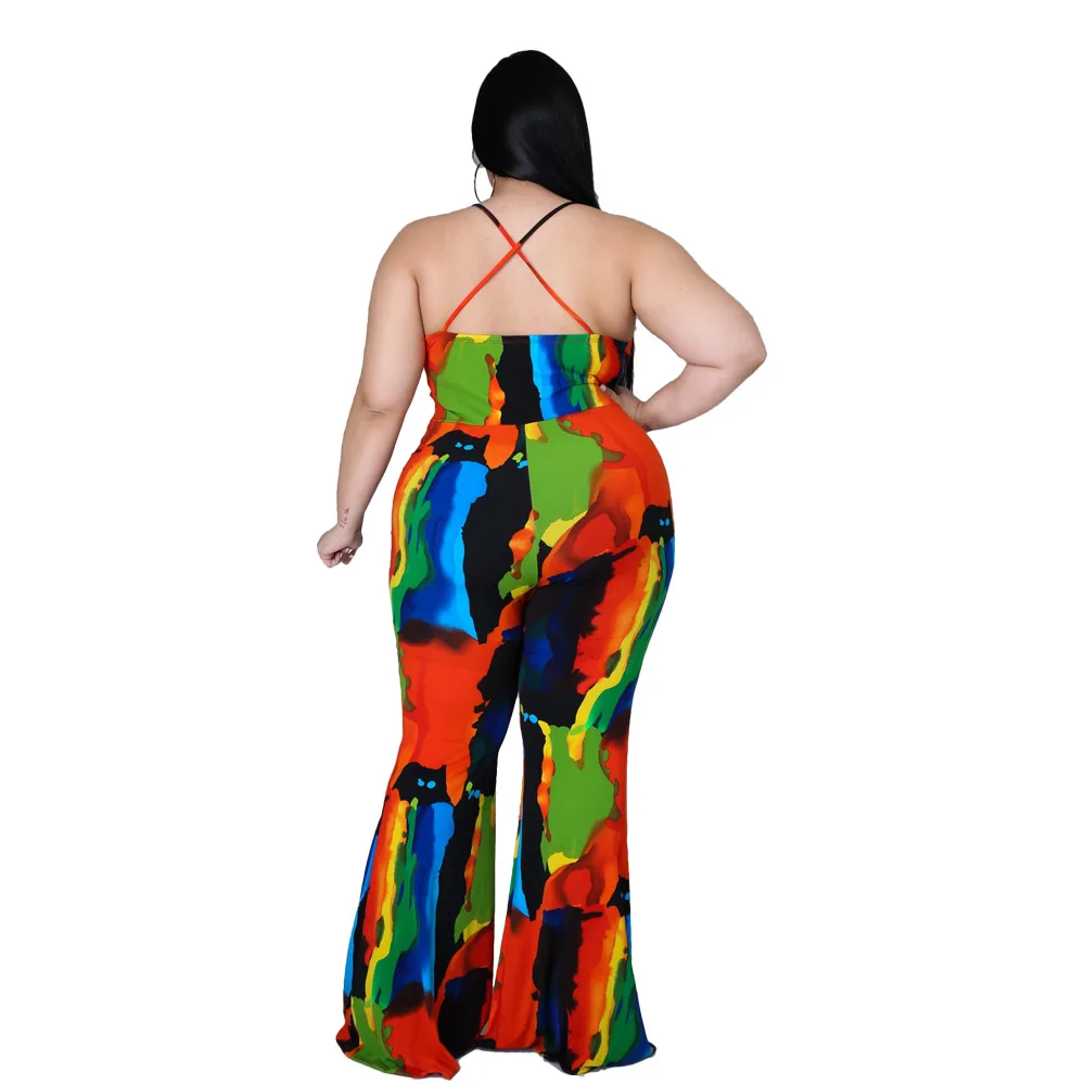 

Echoine Plus Size Women's Fashion Tie Dye Long Pants Painted Printed Sling Jumpsuit Open Back One Piece Suit