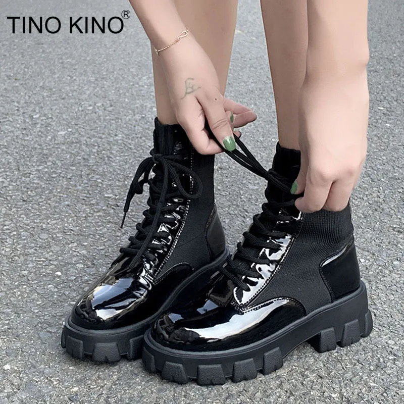 Ботильоны женские из лакированной кожи на платформе со шнуровкой|Женские