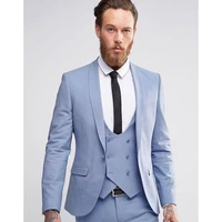 custom made light blue men suits double breasted blazer slim fit skinny 3 piece groom tuxedos wedding suits jacketpantvest