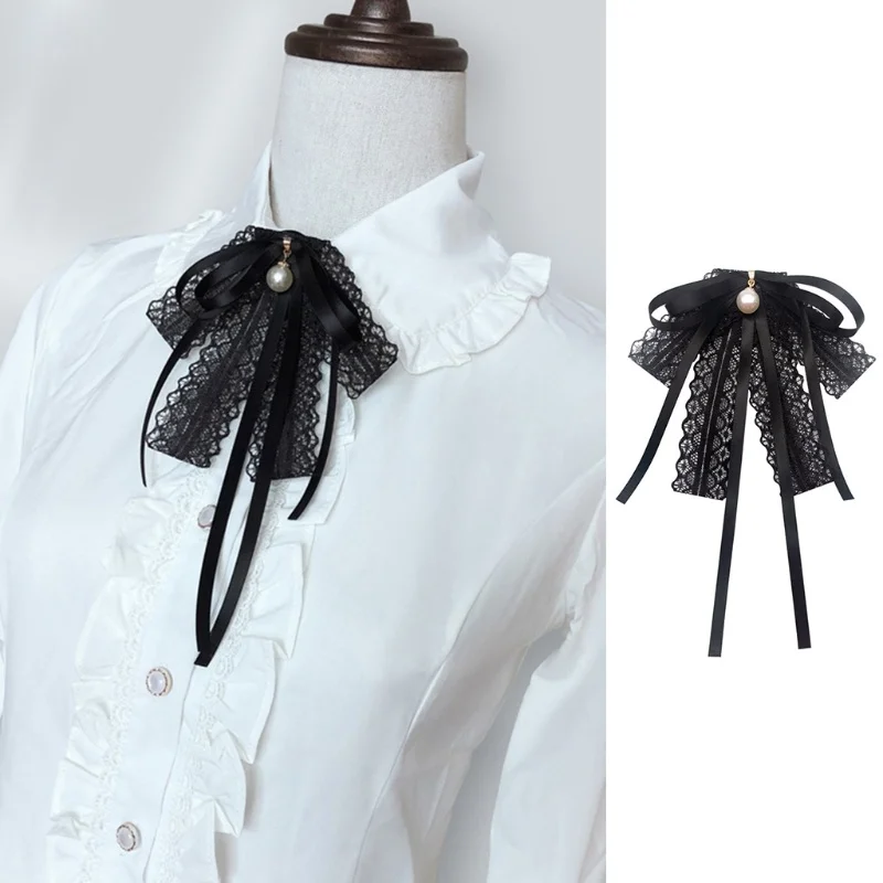 

Lazo de cinta de encaje negro para mujer y niña, colgante de perla de imitación, broche, Pin, Collar, uniforme, camisa, blusa,