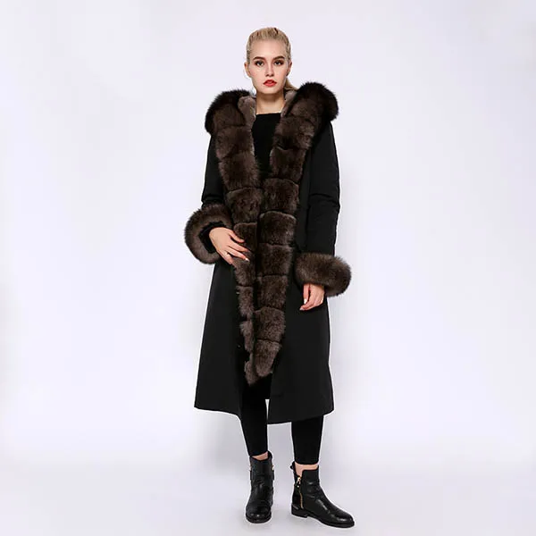 Черный JEPLUDA парка женская с натуральным мехом лисой большой на капюшоном и манжетами меховой подкладкой кролика рекс полный толстый разъемный зимнее женское пальто с мехом съемный женская куртка из натурального меха лиса - Цвет: Черный