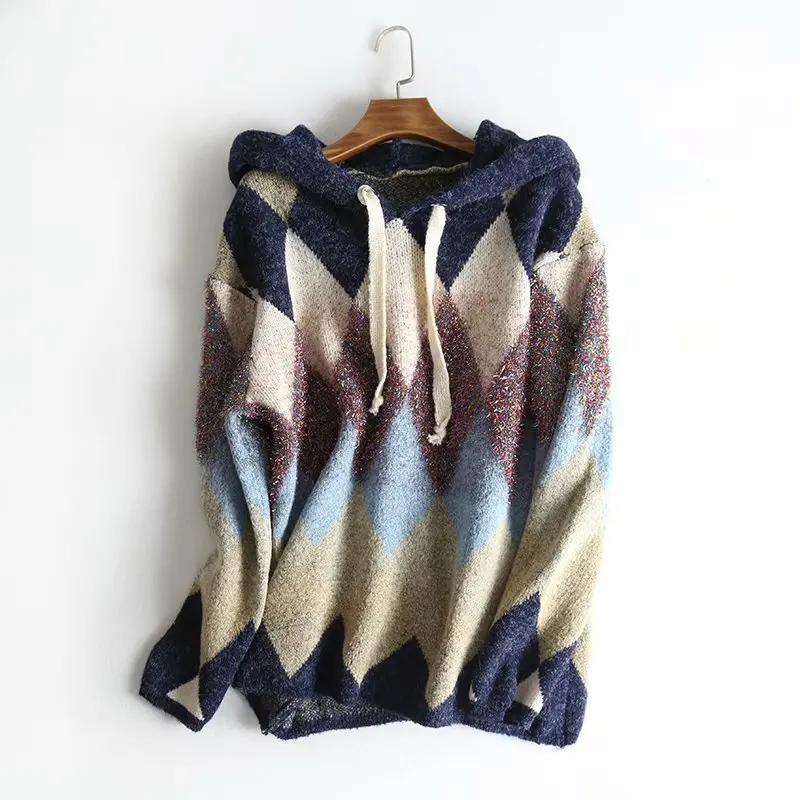 Женский винтажный свитер с геометрическим рисунком Za Свободный пуловер узором