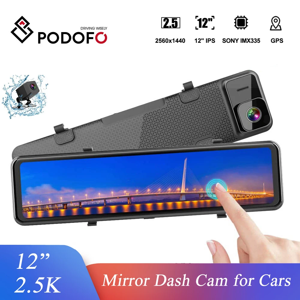 Podofo 12 дюймов 2 5 K зеркало видеорегистратор &quotПолный сенсорный Экран передние и