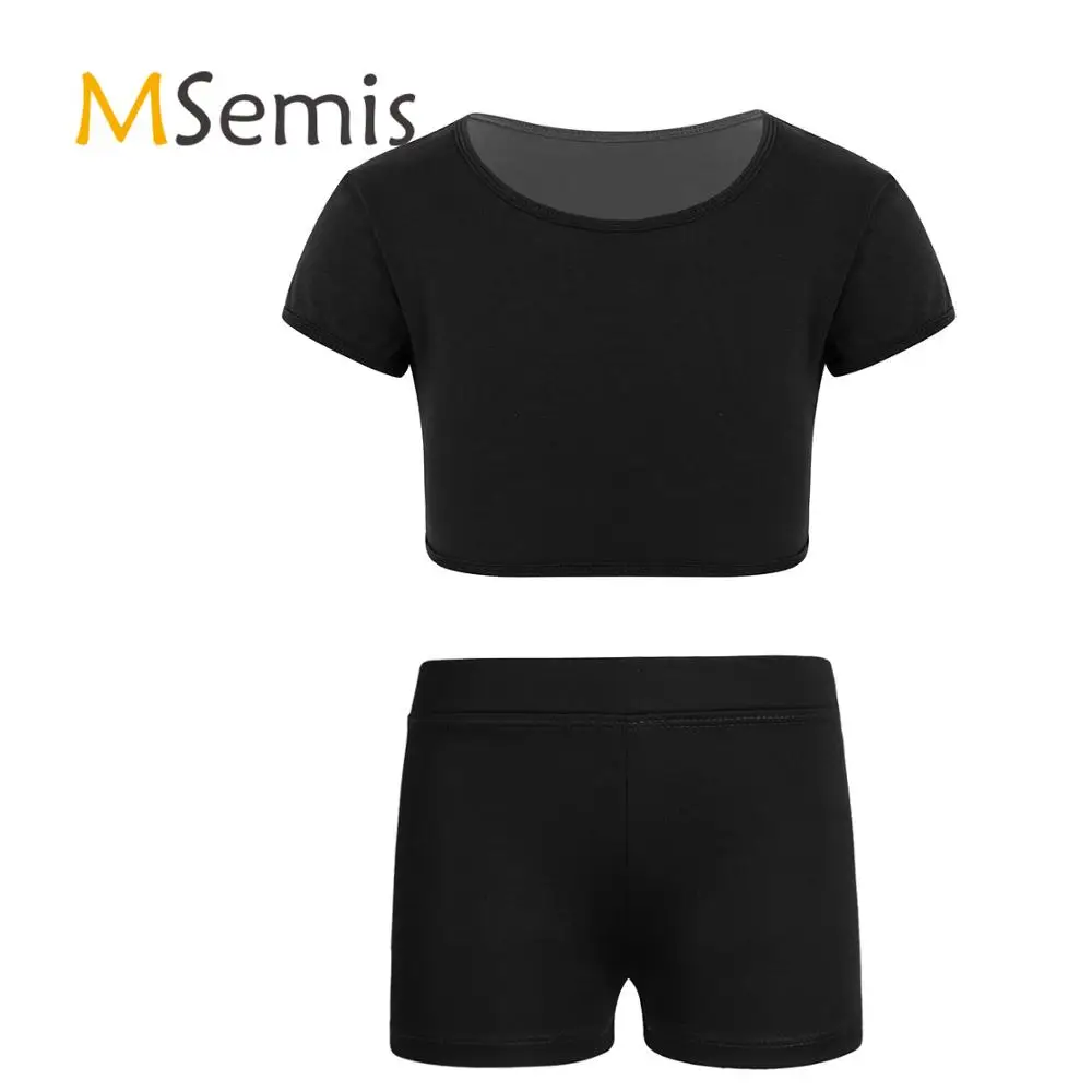 

Kids Girls Ballet Leotard Costume Plain Dance T-Shirt Crop Top with V-front Waistband Shorts Bottom Gymnastic Leotard Sportswear