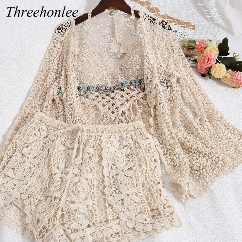 

Holiday Three Piece Sets For Women Summer Hollow Out Sun Protection Shirt And Sexy Camis And Wide Leg Shorts Female Beach Suits