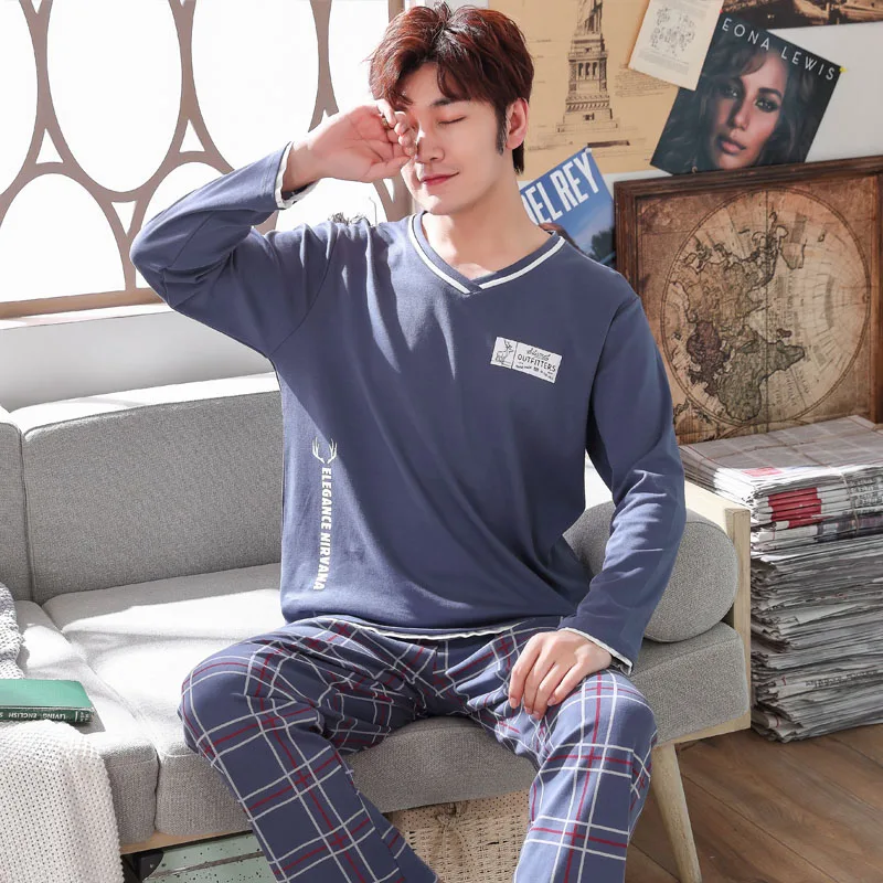 Мужские пижамы с длинным рукавом из 100% хлопка размера плюс 4XL 5XL пижамные