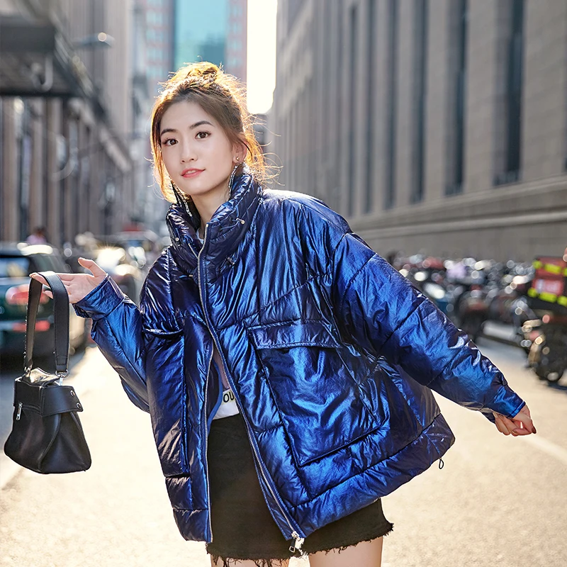 Новинка 2019 зимние блестящие куртки пальто водолазка Sustans карманы с широкой