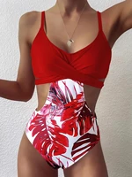 summer solid color printing stitching leaves ladies bow swimsuit high waist floral quick drying sexy tight backless and durable