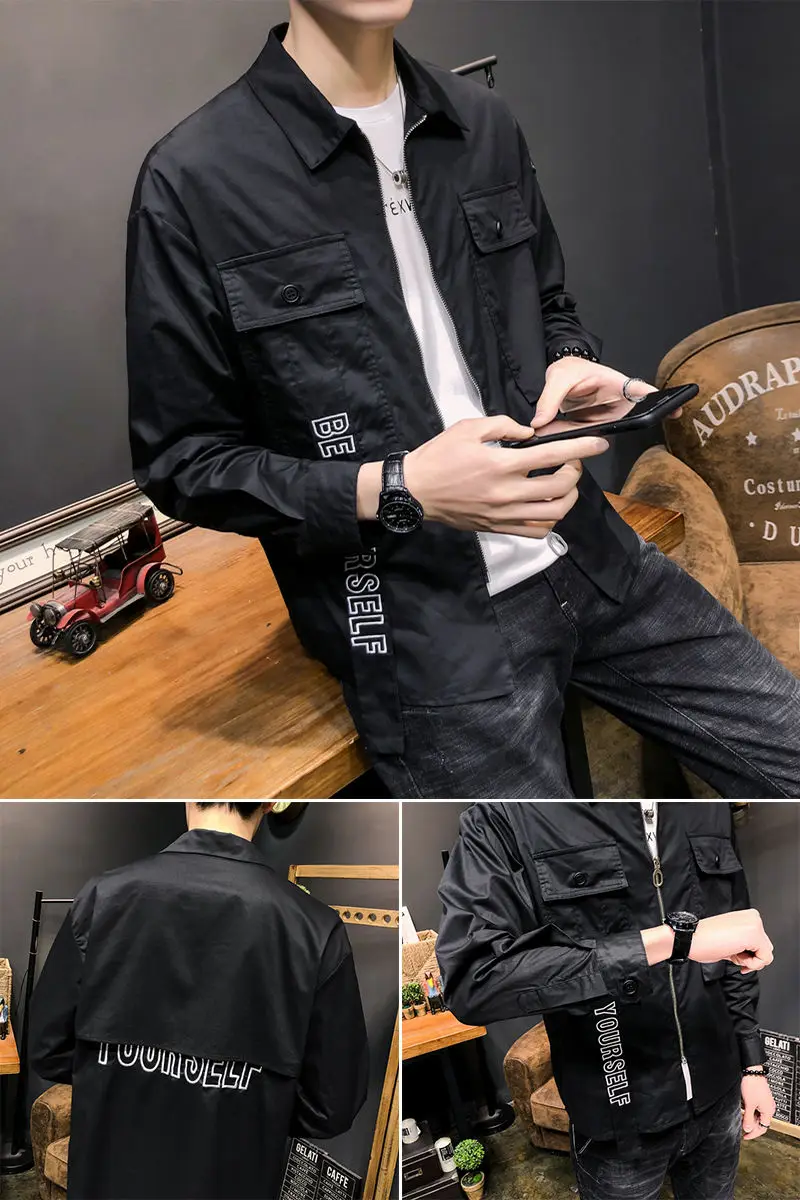 

2020 Spring And Autumn New Youth Popular Solid Color Slim Men's Lapel Jacket Fashion Casual Big Pocket Shirt Blue / White/ Black
