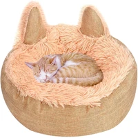 long plush washable pet cat bed ears nest soft warm round dog cat cushion home mat cat beds sleeping house pet supplies products
