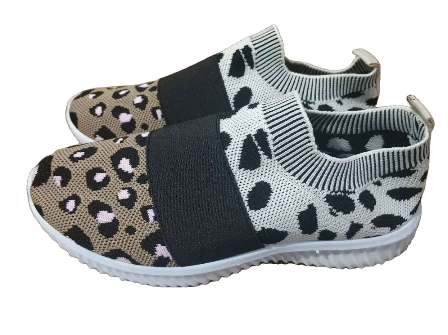 

2021 Flying Knitting Large Size 43 Sports Shoes Comfortable Round Head Leopard Print One Foot Flat Bottom Sneakers Women Shoes