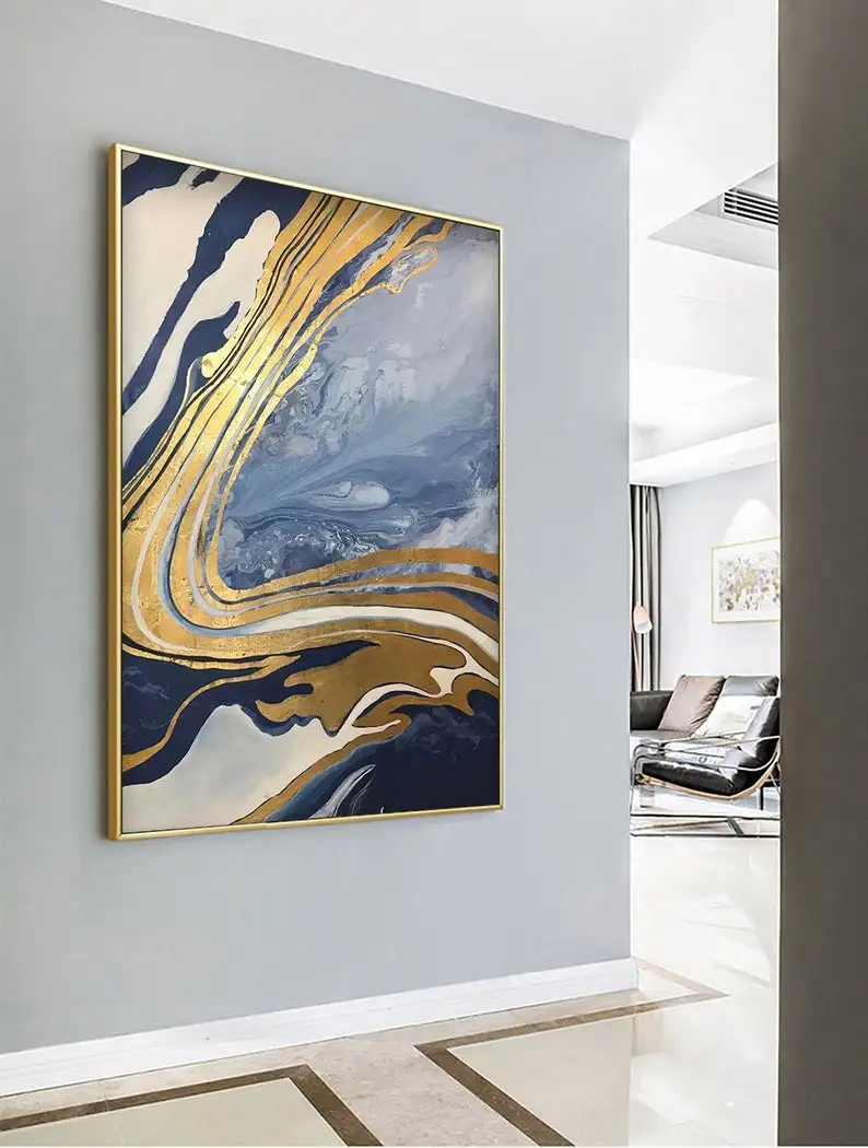 

Абстрактная настенная Картина на холсте для гостиной, Настенный декор, Оригинальная текстура ручной работы, темно-синий домашний декор, абс...