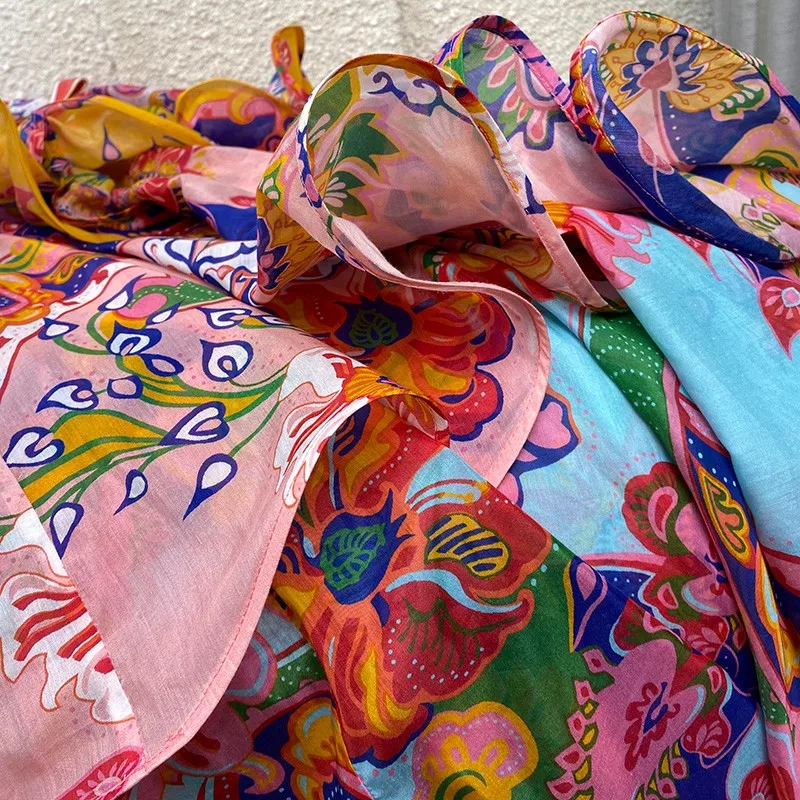 

2021 Women Spring Fashion Colorful Floral Print Tiered Long Flare Sleeve High Quality Haute Couture Ankle-length Dresses