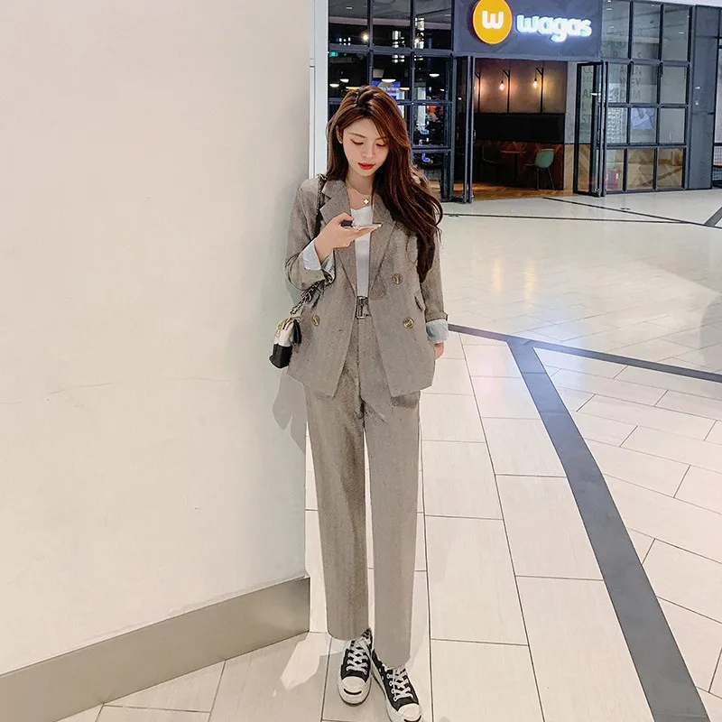 

Winter Fashion With Belt Double Breasted Business Suits Ladies Elegant Work Office Wear Pant 2 Two Piece Suits