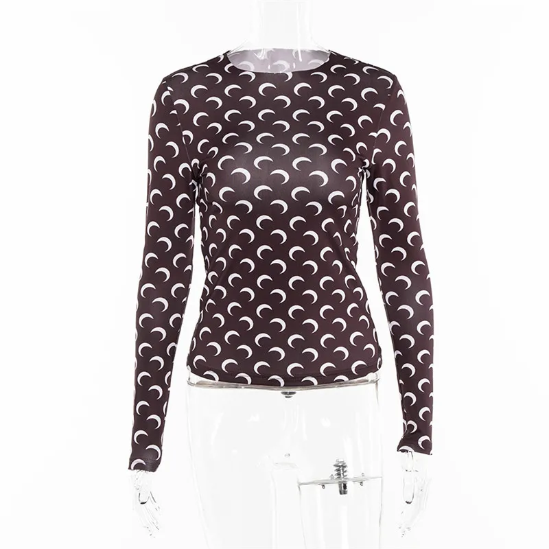 GBYXTY camiseta mujer, приталенная Базовая футболка с длинным рукавом, женская футболка с принтом полумесяца, лето-осень, Harajuku, футболка, ZA1531 - Цвет: coffee