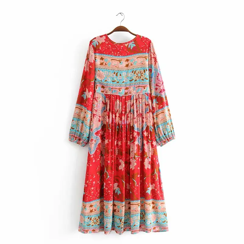 Винтажное шикарное Женское Платье макси с красным цветочным принтом и бахромой