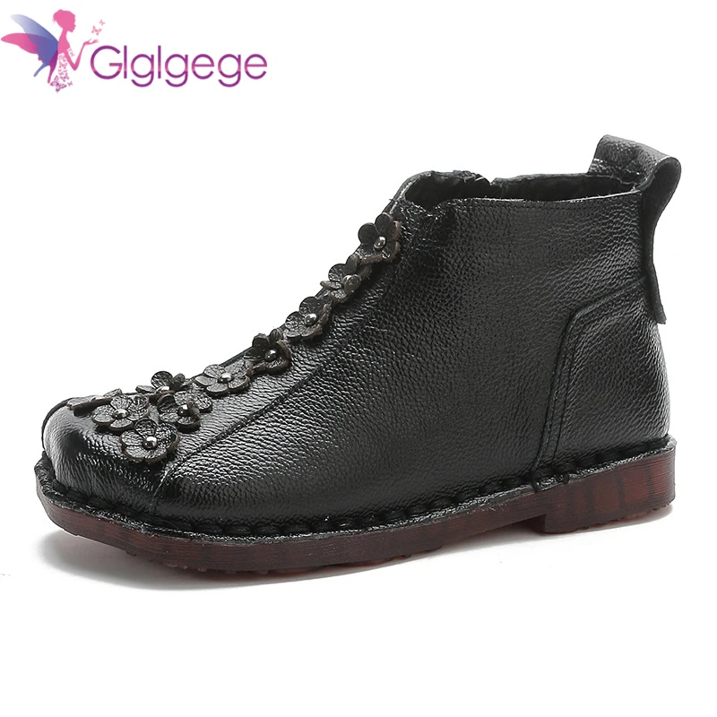 

Glglgege Cowhide New Autumn And Winter Flat Women's Cotton Shoes Ethnic Style Leather Flower Boots Warm And Comfortable Boots