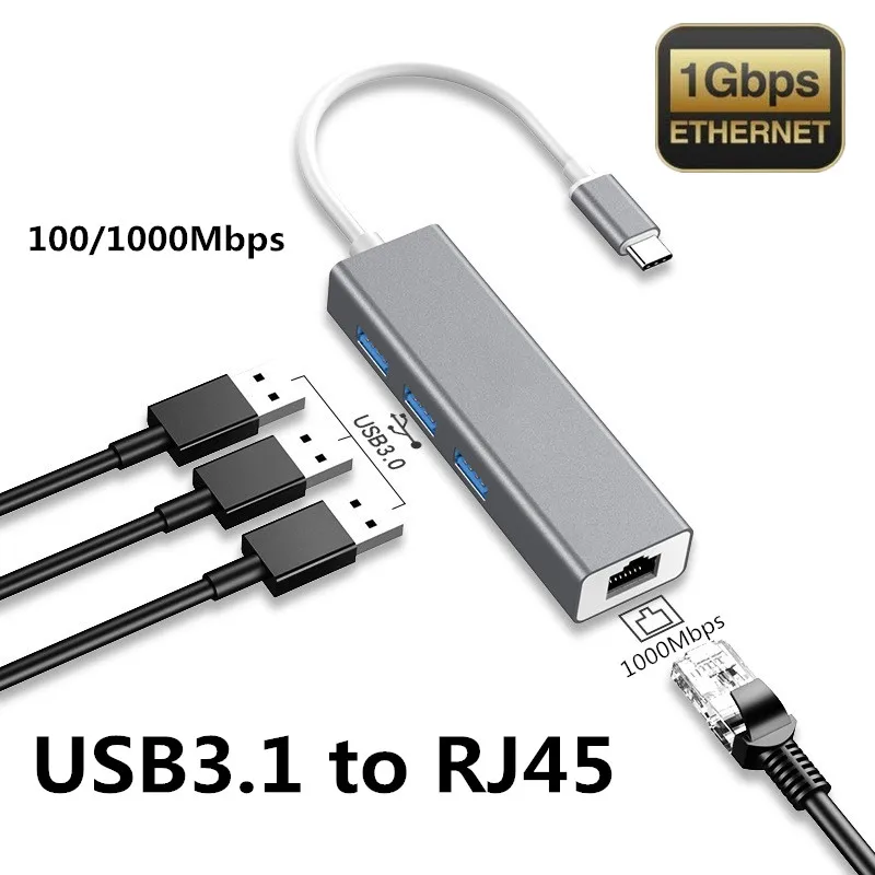 Концентратор USB Type C Ethernet 3 0 к RJ45 концентратор 5 Гбит/с 10/100/1000 м адаптер Сетевая