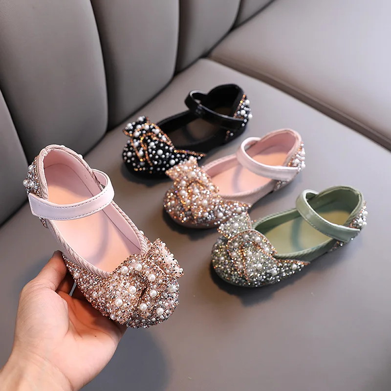 2021 New Childrens Shoes Pearl Rhinestones Shining Kids Princess Shoes Baby Girls Shoes For Party and Wedding D487