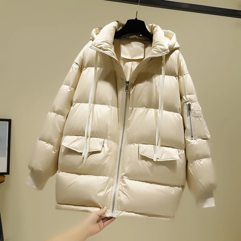 Женский свободный пуховик с капюшоном однотонная куртка большого размера на
