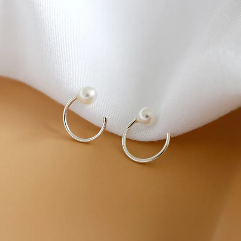 

100% 925 Sterling Silver pearl earrings joker smooth geometry semicircle line shell Small Circle earring Bijoux Ear Jewelry Gift
