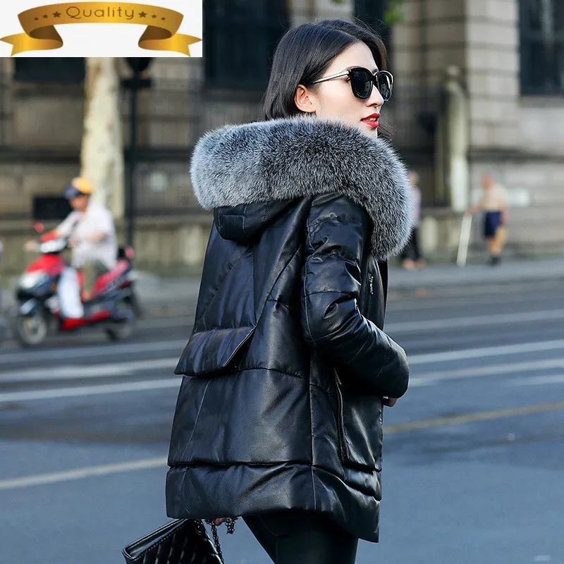 

Women Jacket Genuine Leather Fox Fur Hooded Winter Clothes Real Sheepskin Down Coat Warm Jackets Veste Femme ZM-081 KJ3134