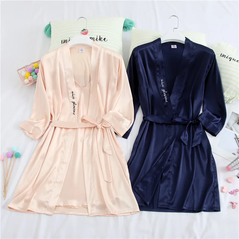 Темно синий халат для пар банный из искусственного шелка Мужская Ночная рубашка