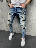 2021 new men ripped jeans mens painted black patchwork patch beggar pants street jeans hip hop biker skinny pencil pants s 3xl