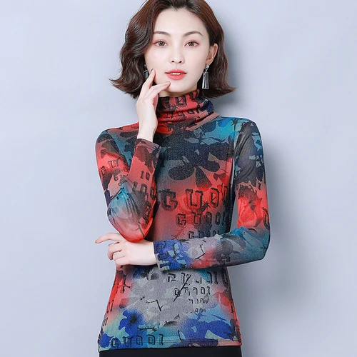2020 Spring Autumn Elastic Fine Printing Woman Shirt High Collar Long Sleeve Xxxl Female Fashion Temperament Bottoming Shirts |
