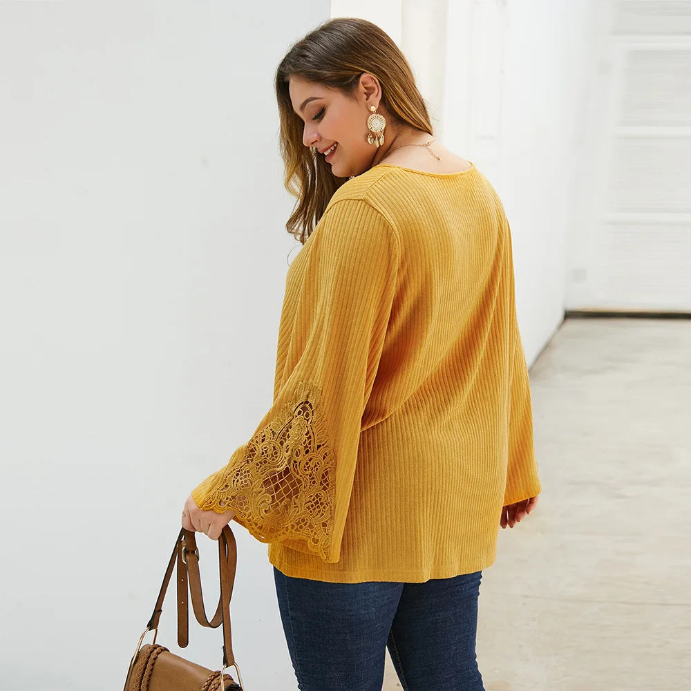 Женский вязаный свитер размера плюс 3XL 4XL зеленый кружевной с расклешенными