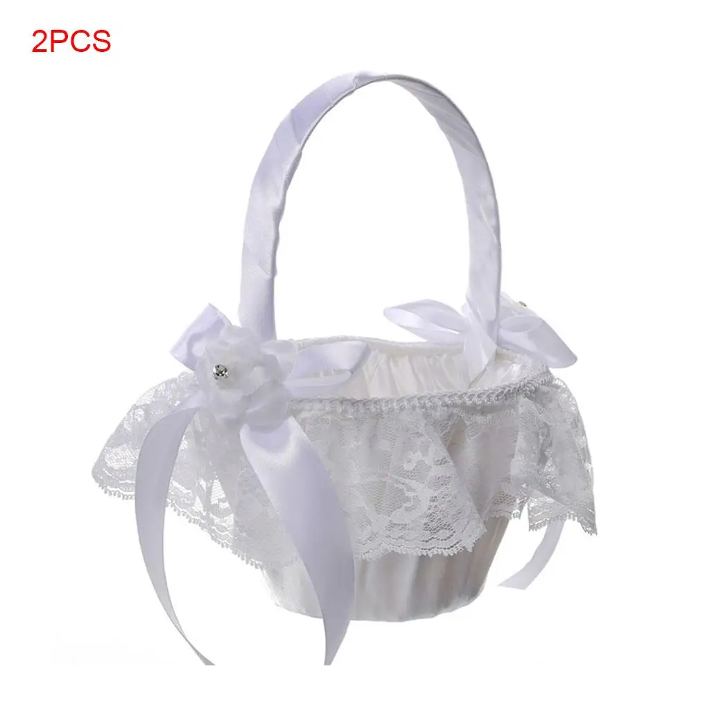 

2 Pieces Wedding Lace Ribbon Bowknot Flower Basket Ceremony Party Sweet Girls Bridesmaid Collection Fruit Candies Container