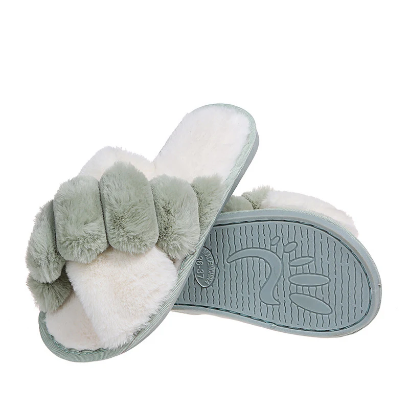 

2021 Fashion Woman's Furry Slippers Fur Cross Short Plush Bottom Mixed Color Ladies Slides Open Toe House Flats Cozy Female Warm