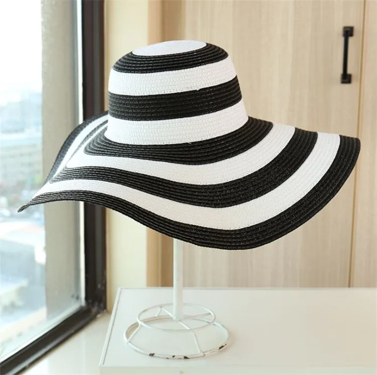 

DONGYUN007 Floppy straw hat Women striped sunshade cap Summer big wide brim sun hat Holiday beach casual panama